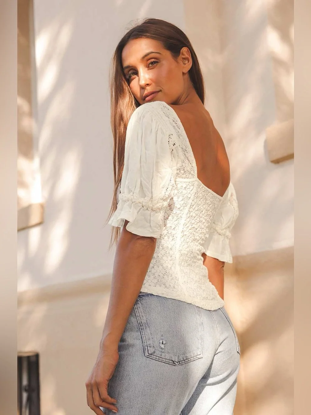 Free People Ivory Lace Square-Neck Puff Sleeve Top